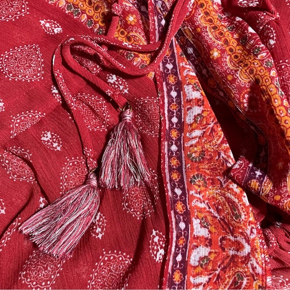 #0228 Xileration Red/Orange Sheer Kimono Accent Trim Drawstring with Tassels-S - Picture 9 of 9